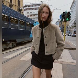 Zara Viral Faux Fur Cropped Jacket Round Neck Button Front Size L